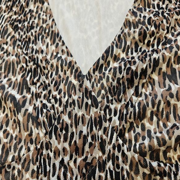Vtg Leopard Print Mesh Babydoll Blouse Top Womens L Brown Boho Y2K Cheetah Girls - Picture 2 of 9